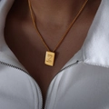 Gold plated square pendant necklace featuring embossed letter Z on a thin cable chain - Letter Z Style (P1506-Z)