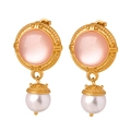 Elegante asymmetrische Creolen aus 18 Karat Gold mit rosa Katzenauge und Perlen - F912 Goldene Pinker Stein Perlenohrringe