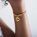 18K vergoldetes Edelstahl-Armband mit Box-Kette und blauem Evil Eye Anhänger - Rund Schwarz Böser Blick Stil (E456-Schwarz Tropf Gold)