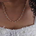 Chic gold-plated titanium steel necklace with blue evil eye charms on white lace - White Green Style (P1528)