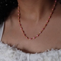 Pink enamel evil eye beaded necklace in 18k gold plated stainless steel on model - Pink Style (P1528)
