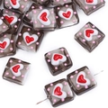Handmade heart glass square beads with pink polka dots for DIY jewelry making - Square Flat Bead / Black and Two-Tone Heart
