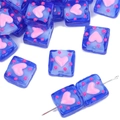 Blue square glass beads with pink heart and dots for DIY jewelry making - Square Flat Bead / Dark Blue and Pink Heart