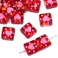 Hand-painted square glass beads in translucent red with pink heart and white dot patterns - Red with Pink Hearts