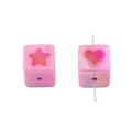 Pink iridescent cube beads with star and heart relief for DIY jewelry making - Block Shape / 2 Pieces (16mm) / Pink