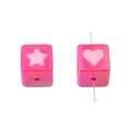 Vibrant rose pink acrylic cube beads with white star and heart prints for DIY jewelry - Block Shape / 2 Pieces (16mm) / Rose Red