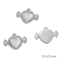 Sparkling candy heart charm in silver alloy with glitter inlay, size 15x21mm for DIY jewelry - Candy Wing Heart / White K White Zircon