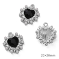 Silver alloy heart pendant with black faceted stone and pearl trim, size 23x20mm - Pearl Heart / Silver Black Rhinestone
