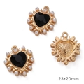 Golden heart charm with black gemstone and white pearls for DIY jewelry making 23x20mm - Pearl Heart / Gold Black Zirconia