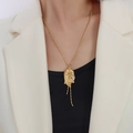 Vintage 18K gold plated titanium necklace featuring a portrait relief and beaded tassels - Gold Necklace (P301) 49cm