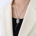 Silver liquid metal lava pendant necklace with twisted chain and tassels on model - Steel Color Necklace (P301) 49cm