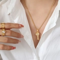 Gold plated crown number 1 necklace with zircon stones and matching rings set - Letter I / Gold