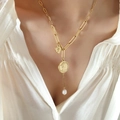 Collier doré double couche vintage avec médaille cœur, pièce ronde et perle d'eau douce - Couleur Or (Collier Pendentif Portrait 43+5cm)
