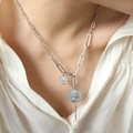 Collier double rang argenté avec médailles portrait, cœur et perle d'eau douce blanche - Couleur Acier (Collier Pendentif Portrait 43+5cm)