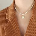 French style natural freshwater pearl necklace with gold letter V shell pendant - Letter V