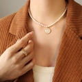 French style pearl necklace with gold letter D pendant and textured zircon ring - Letter D