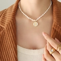 Gold pendant necklace with white pearl letter H charm and matching gemstone ring - Letter H