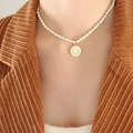 Freshwater pearl necklace with gold letter O pendant on white sea shell for women - Letter O
