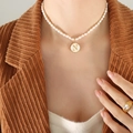 Freshwater pearl necklace with gold letter N pendant and white enamel detail - Letter N