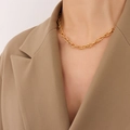 Vintage textured chunky gold link chain necklace worn on model with brown blazer - Necklace / 40+5cm / Gold