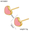Detailed view of 0.6x0.5cm pink enamel heart earrings with 14K gold plated stainless steel - Pink Heart Style (HE1500D1)