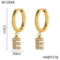 Detailed view of 18K gold plated hoop earrings with zircon letter E and dimension markers - E Style (e)