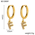Detail of gold letter F hoop earrings with pavé zircons and size measurement labels - F Style (f)