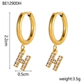 Close-up of 18K gold-plated stainless steel hoop earrings with zircon H pendant - H Style (h)