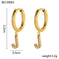 Detail view of gold letter J earring with clear zircons measuring 2.2cm in height - J Style (j)