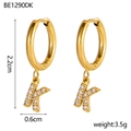 Detail view of 18K gold plated hoop earrings with zircon letter K pendant and dimensions - K Style (k)