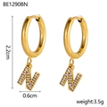 Detail view of 18K gold plated letter N earring with pavé cubic zirconia and size dimensions - Letter N Style (N)