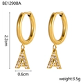Gold plated stainless steel hoop earring with zircon-encrusted letter A pendant - A Style (a)