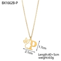 Detail view of 18K gold-plated floral letter P pendant with dimensions and chain length - Letter P Style (BX1662B-P)