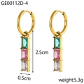 Detail view of 18K gold plated earrings with triple stacked rectangular colorful zircons - Mint Pink Multicolor Style (GE00112D-4)