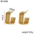 Detailed view of gold C-shaped earrings with wheat ear texture, size 2.3cm by 0.9cm - Recessed Wheat Braided Texture (BE1768B)
