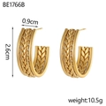 Detail view of gold C-shaped earrings with woven texture and 2.6cm dimensions - Three-row Parallel Middle Wheat Braided (BE1766B)