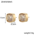 Detailansicht quadratischer 18K Goldohrringe mit Champagner-Kristall und Größenangaben - Champagnerfarbener Quadratischer Zargenfassungs-Stecker (ZE40505BW5)