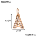 Close-up of rose gold letter A pendant with pave zircons and size dimensions - Letter A