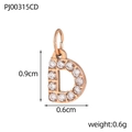 Close-up of rose gold letter D pendant with cubic zirconia and size measurements - Letter D