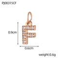 Macro shot of rose gold letter F pendant with micro-pave crystals and measurements - Letter F