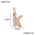 Macro view of rose gold micro-pave letter K pendant showing 0.9cm height detail - Letter K