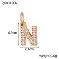 Detail of rose gold letter N pendant with pavé cubic zirconia and dimensions - Letter N