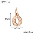 Macro shot of rose gold letter O pendant with pave zircon settings and size specs - Letter O