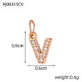 Detailed size chart of rose gold pave letter V pendant showing 0.9cm height and 0.6cm width - Letter V