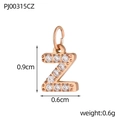 Macro shot of rose gold letter Z pendant with micro pave cubic zirconia stones and measurements - Letter Z