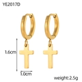Detail view of gold cross hoop earrings with precise 1.6cm height and weight specifications - 1.6cm Long Gold Cross Style (YE2018D)
