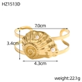 Detail view of 18K gold plated shell nautilus open bangle with size dimensions and weight - Double Row Shell Faux Pearl Style (HZ1513D)