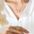 Golden butterfly jewelry set with iridescent stone necklace and matching rings - Gold Butterfly Necklace (P1251-Gold Necklace-43+5cm)