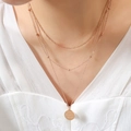 Three-layer layered necklace in rose gold finish with engraved Good Luck round pendant - Rose Color Three-layer Necklace / Rose Gold