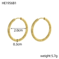 Golden striped stainless steel hoop earrings with hammered texture and 2.0cm inner diameter - Vintage Natural Hammered Style (HE1956B1)